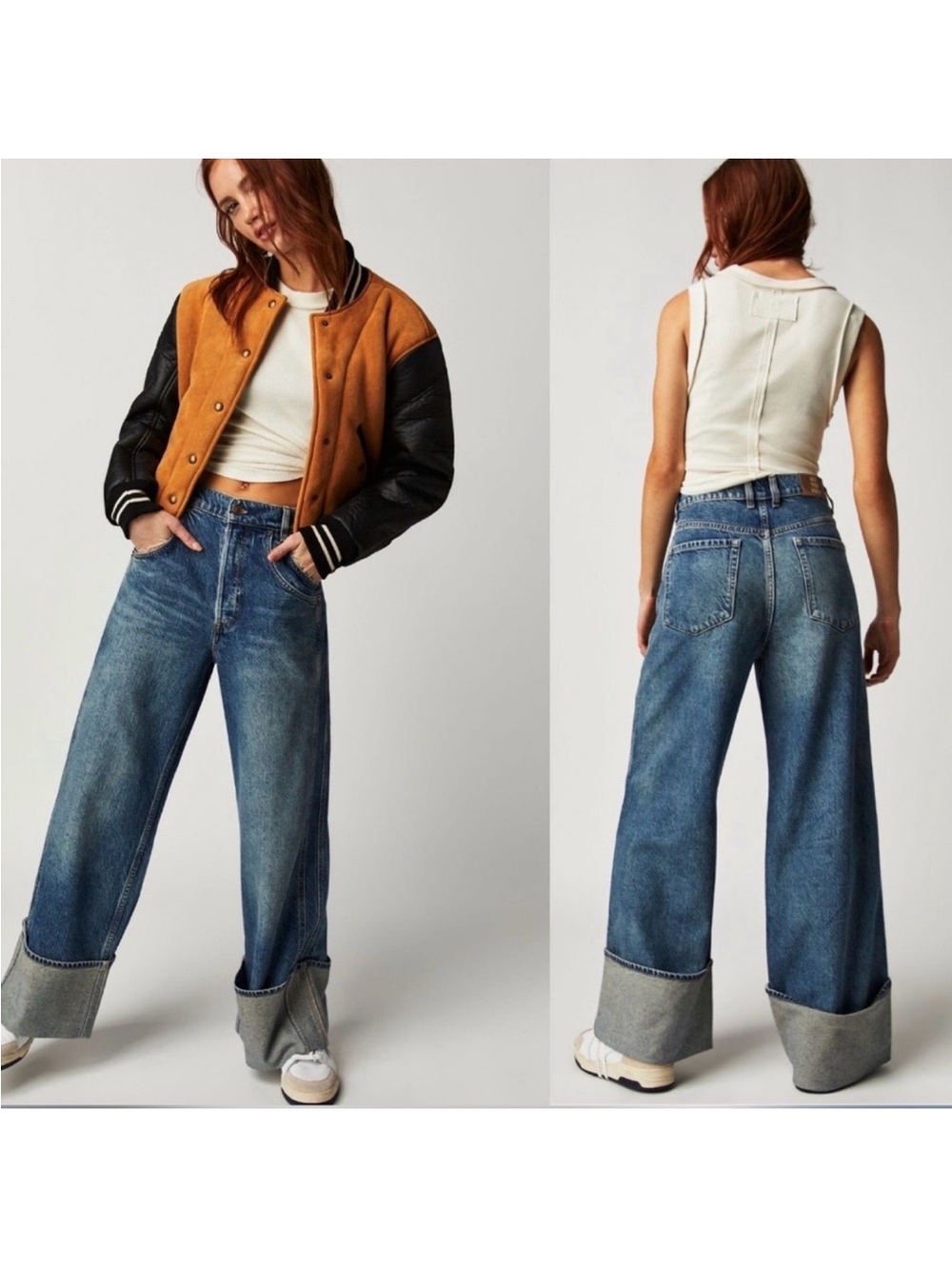 We the Free People Final Countdown Low Rise Wide Leg Cuffed Denim Jeans Sz 25/2